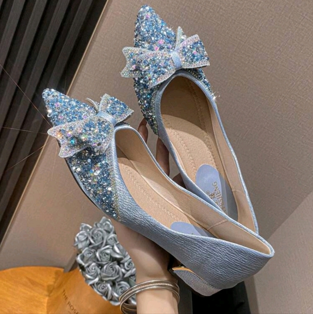 Women Rhinestone & Bow Decor Point Toe Flats, Glamorous Fabric Flats For Party - Picture 4 of 5